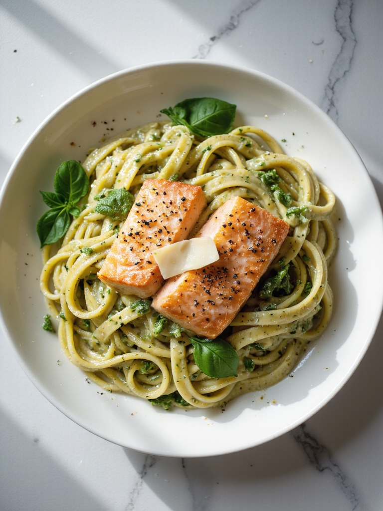 creamy pesto salmon fettuccine