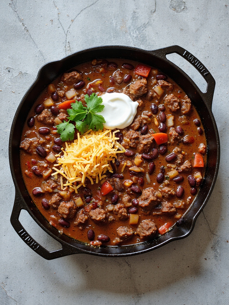 hearty chili in skillet