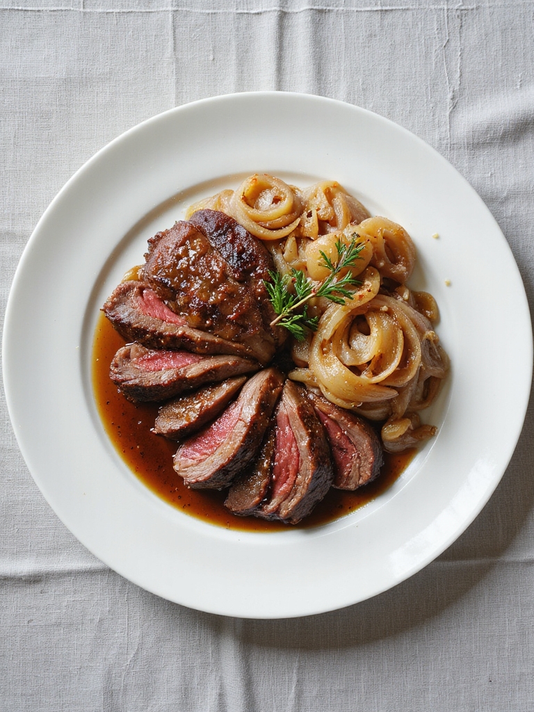 tender beef with caramelized onions