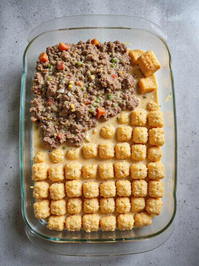 assembling tater tot casserole