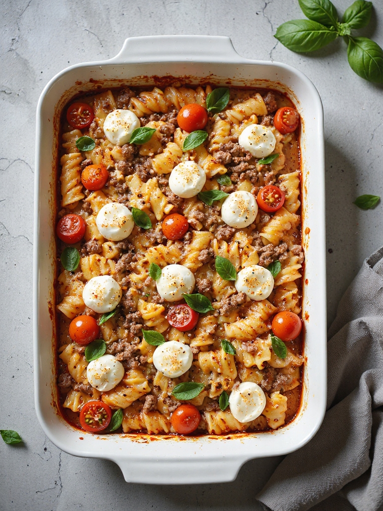 beef caprese pasta bake