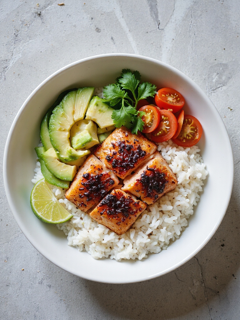 blackened salmon rice bowl