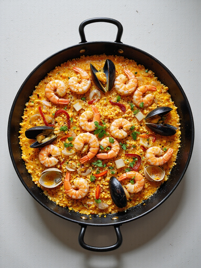cooking seafood paella with saffron
