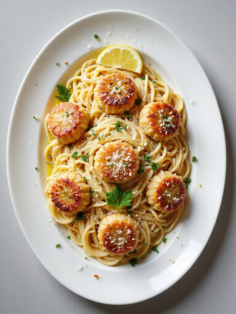 crab cakes with spaghetti