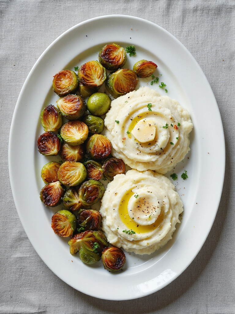 crispy brussels sprouts and mashed potatoes