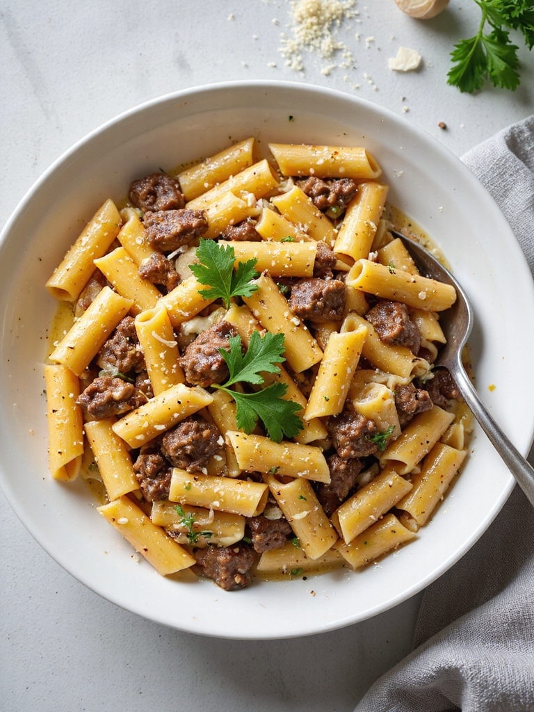decadent garlic beef penne
