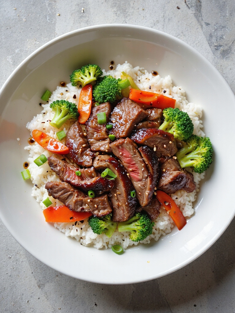 flank steak jasmine rice bowl