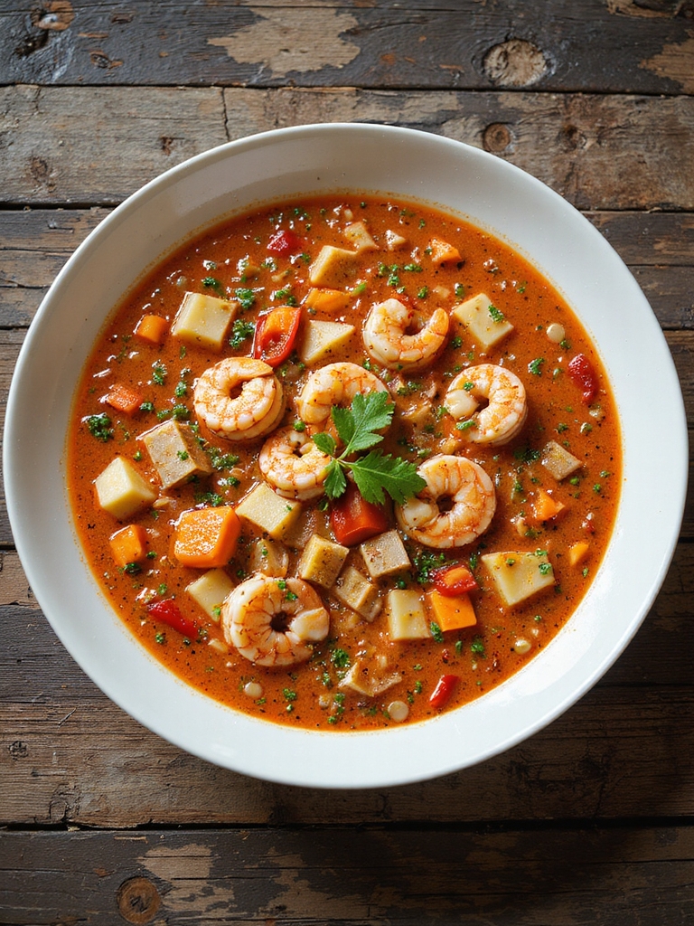 hearty tomato based seafood chowder