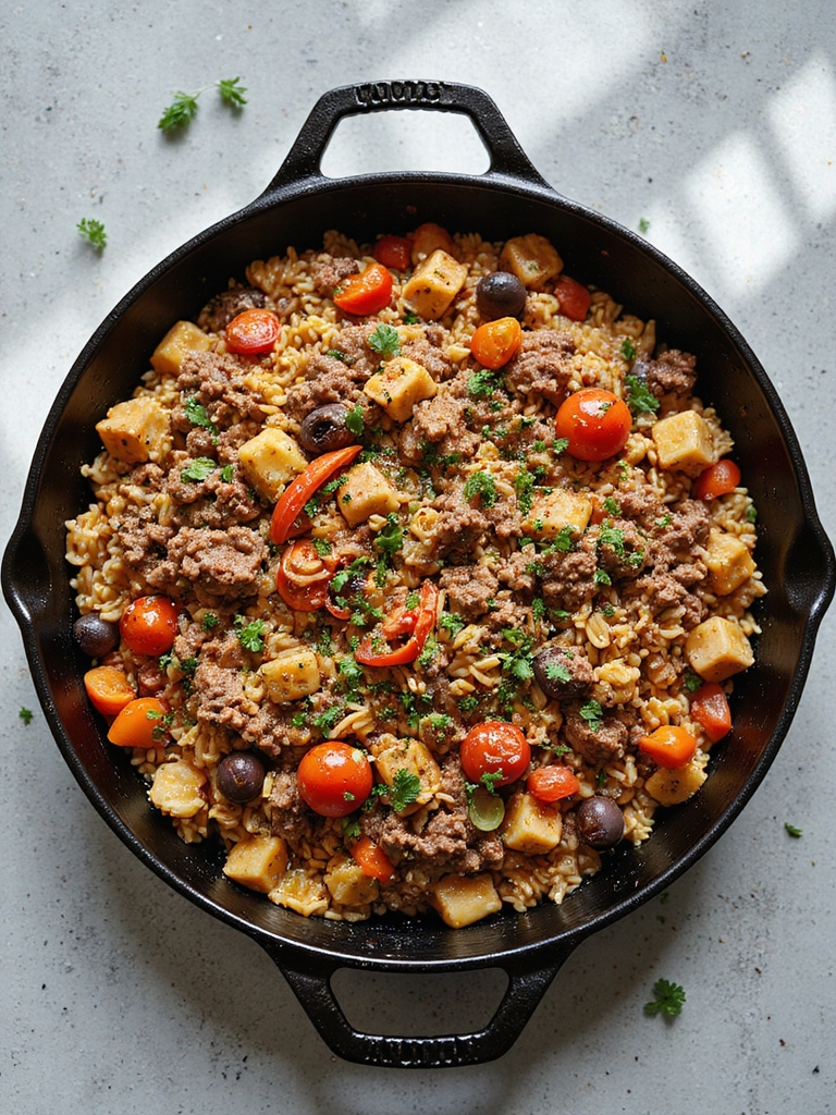 mediterranean beef orzo skillet