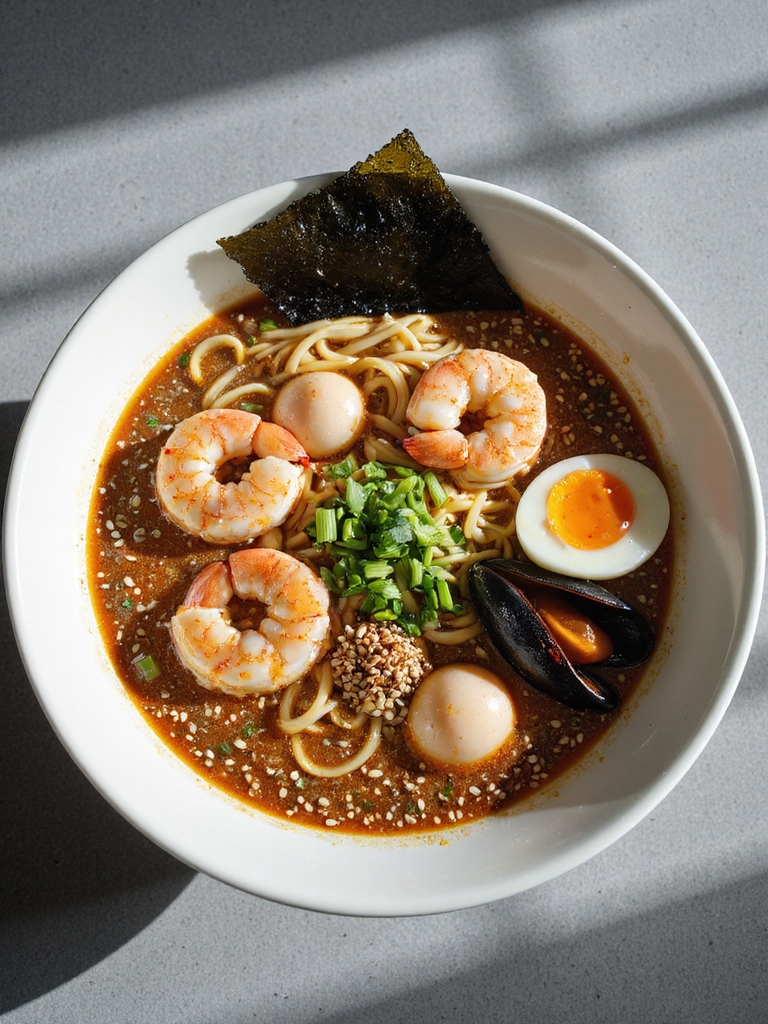 miso infused seafood ramen dish