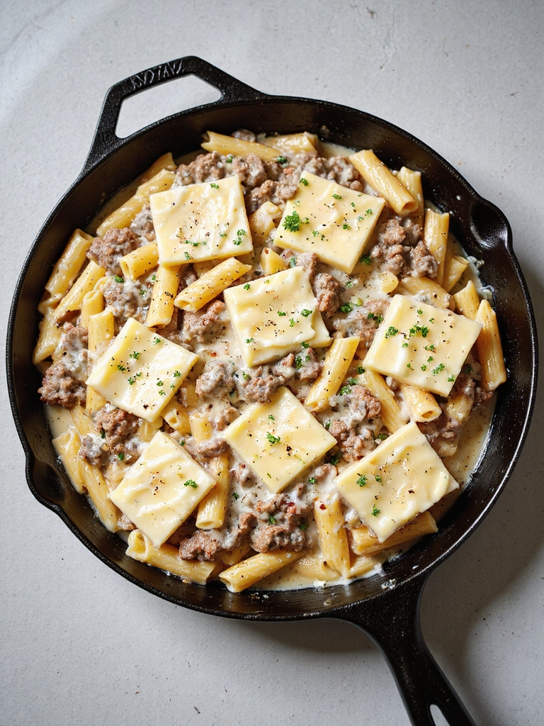 one pan beefy alfredo pasta