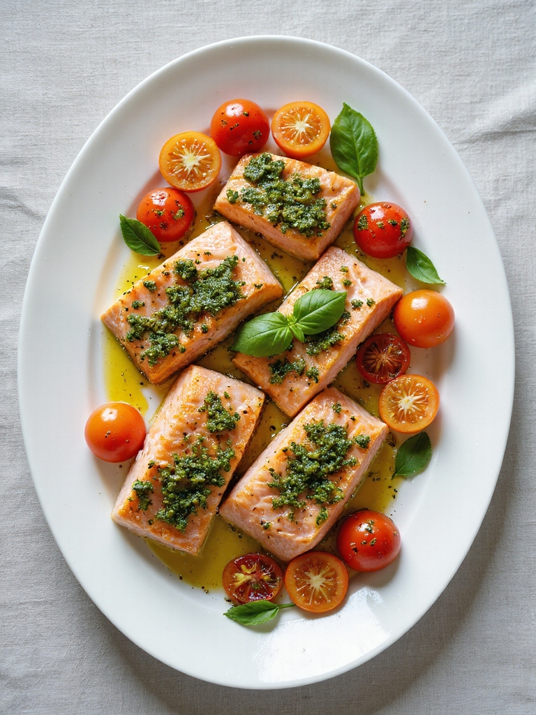 pesto salmon with cherry tomatoes
