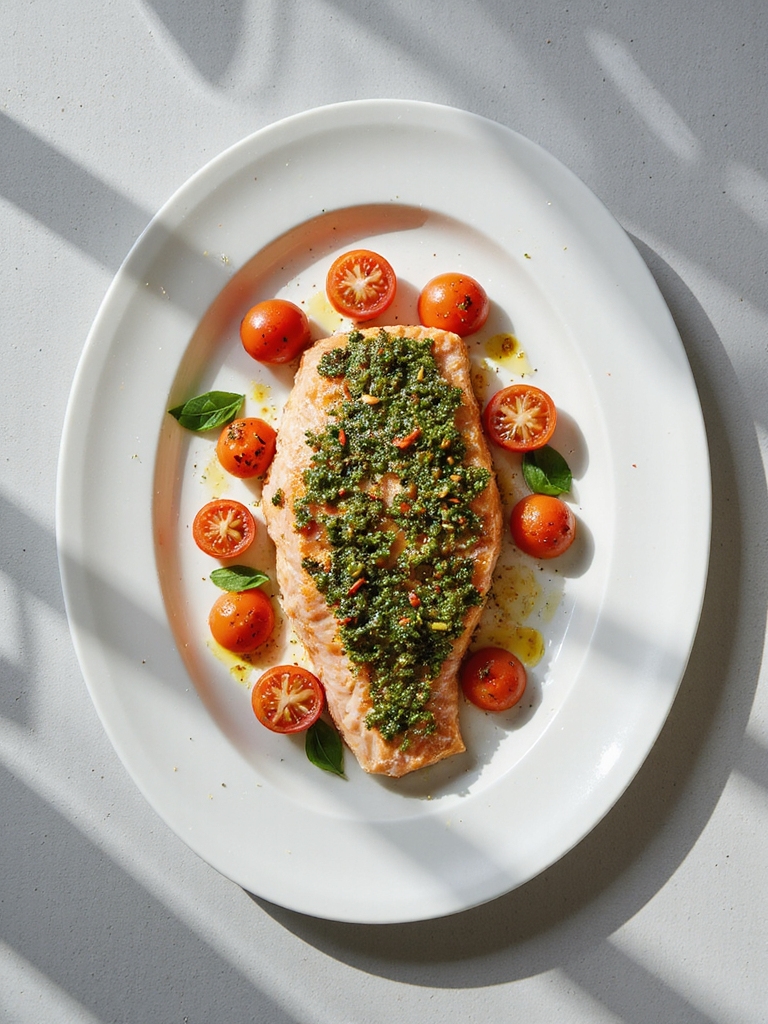 pesto salmon with tomatoes