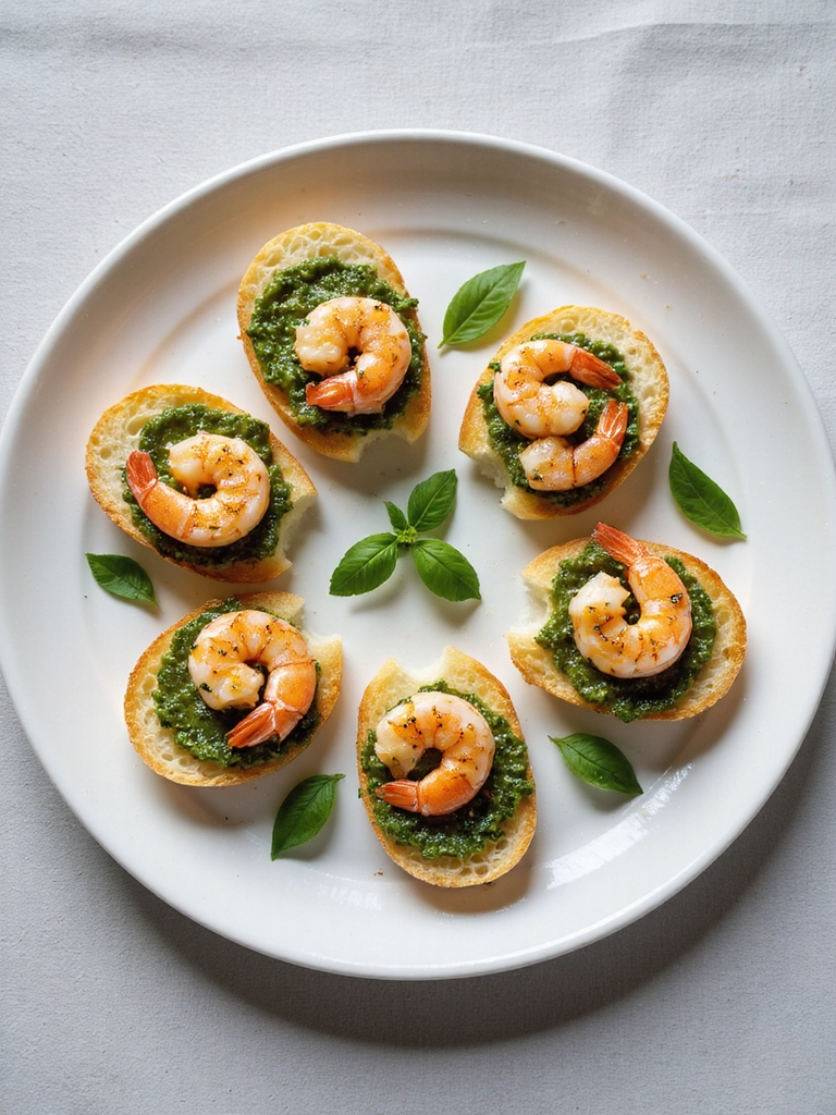 pesto shrimp on toasted baguette