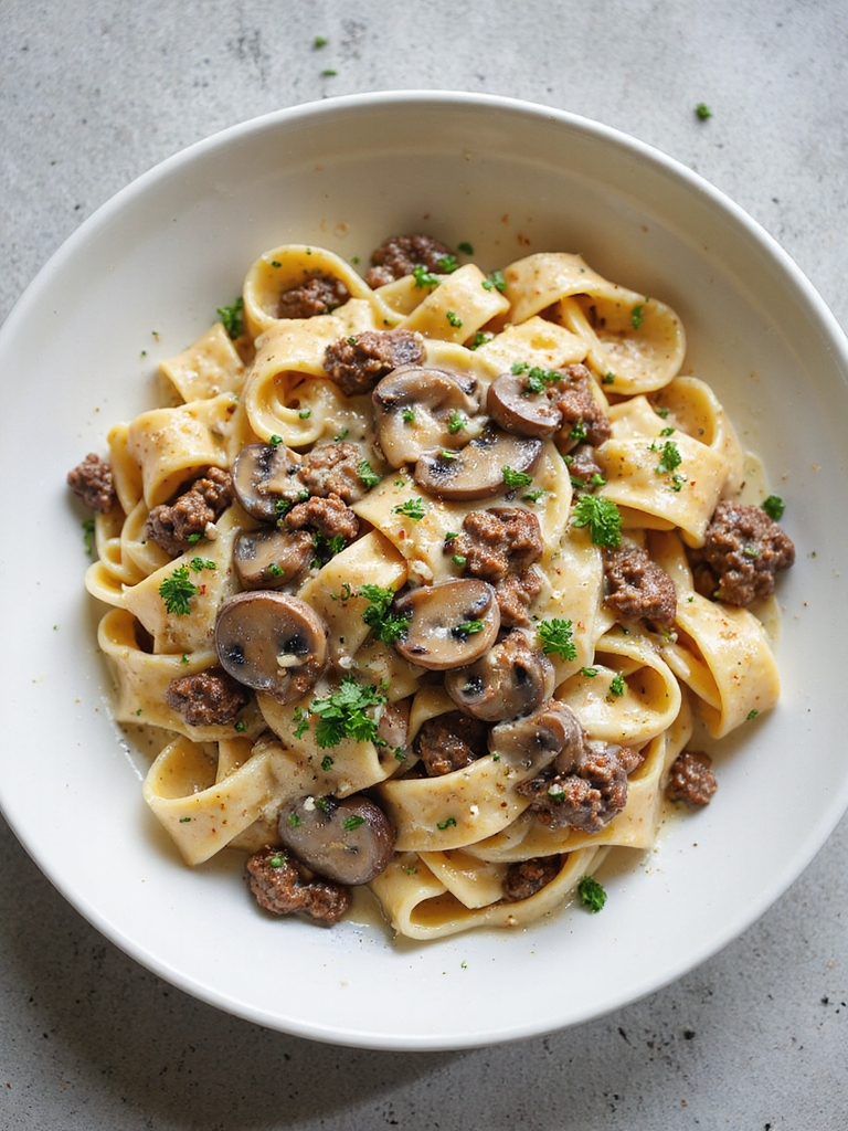 savory beef mushroom fettuccine