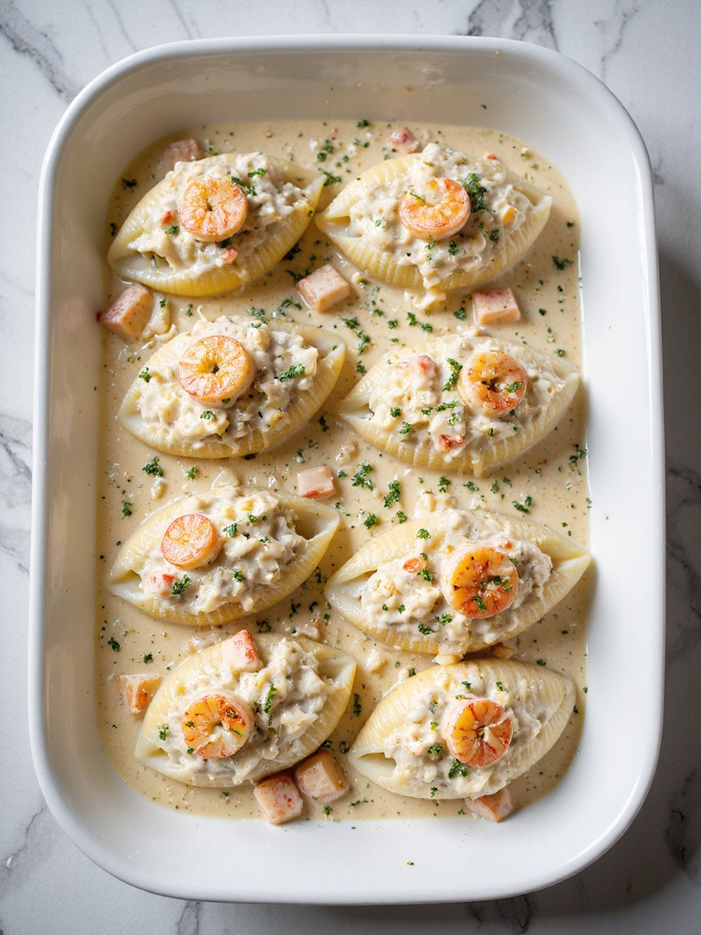 seafood shells in alfredo