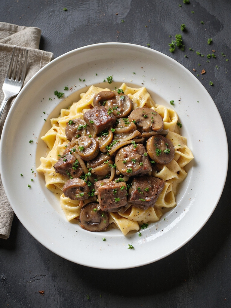 deeply seared sirloin stroganoff