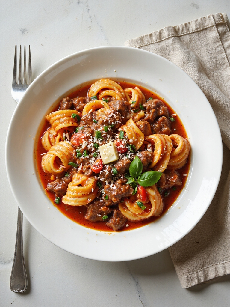 garlicky beef tomato pasta