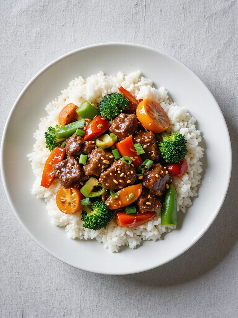 glossy ground beef vegetable stir fry