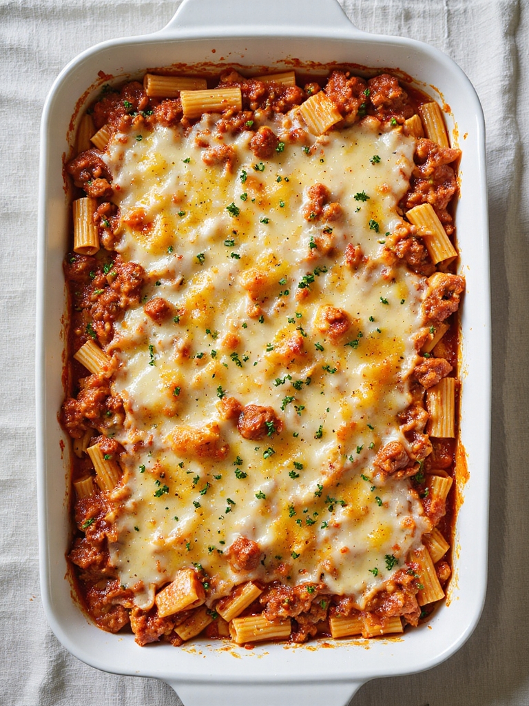 hearty seasoned beef baked ziti