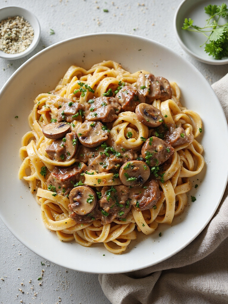 mushroom studded sour cream stroganoff