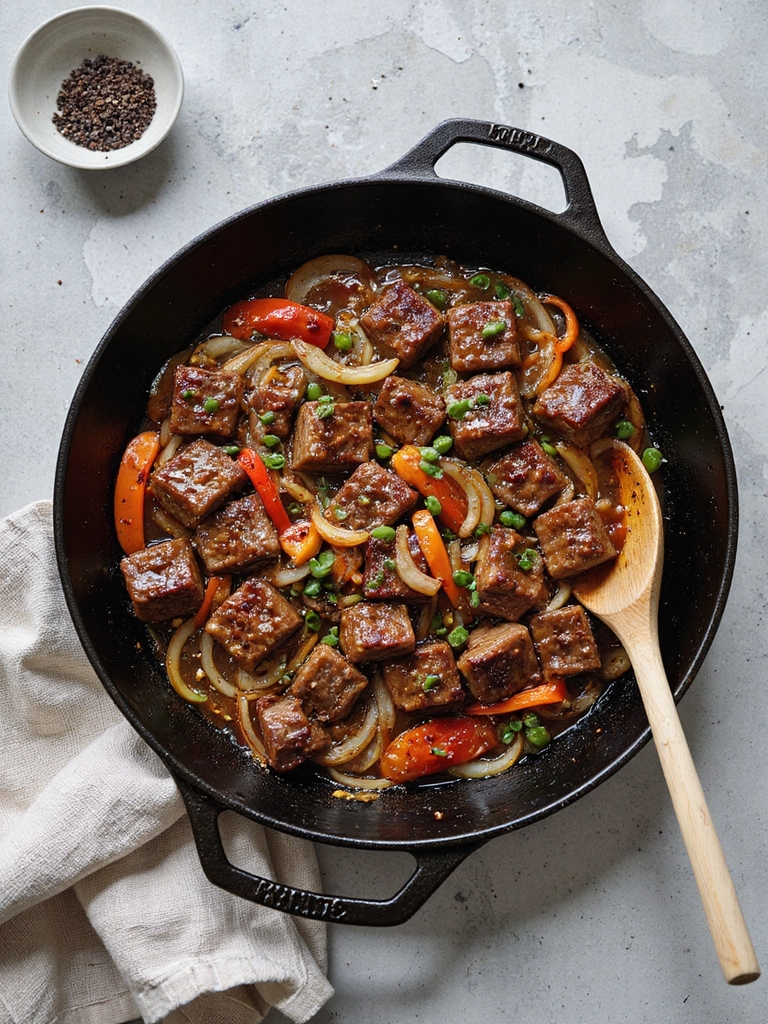 searing peppered beef with onions