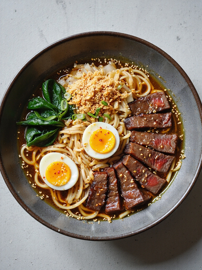 sesame ginger beef ramen with crispy shallots