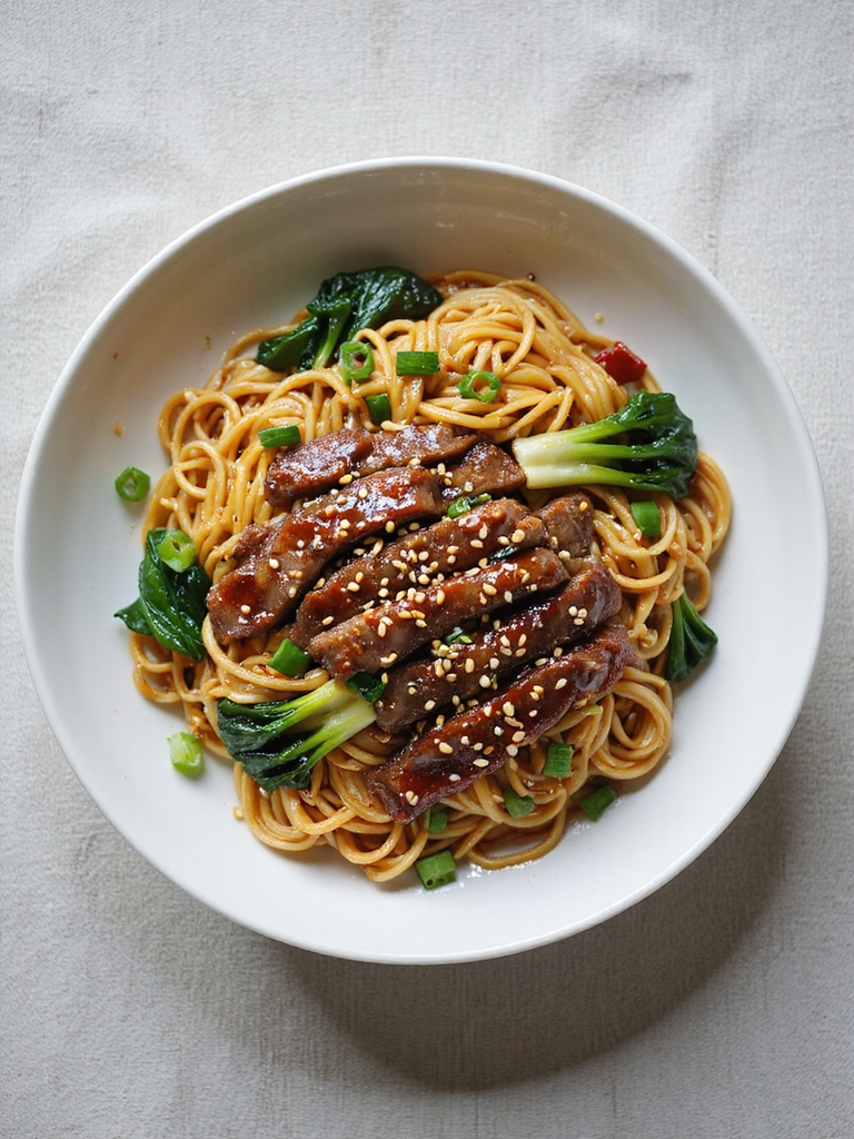 sesame ginger soy marinated beef noodles