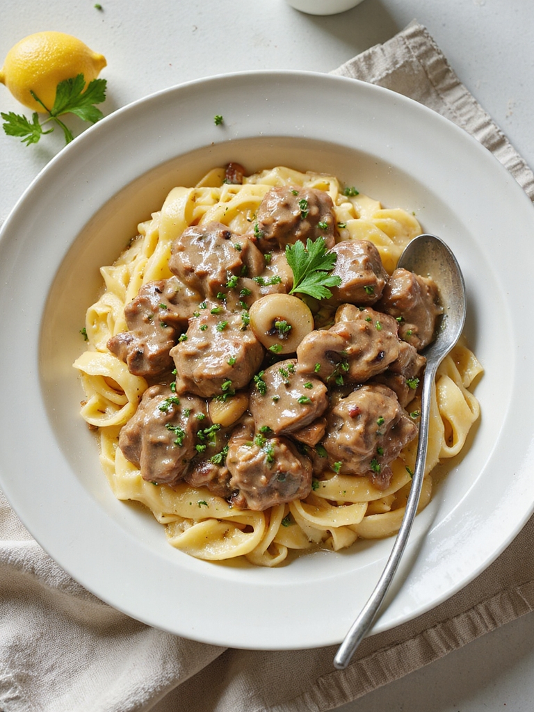 slow cooked creamy beef stroganoff