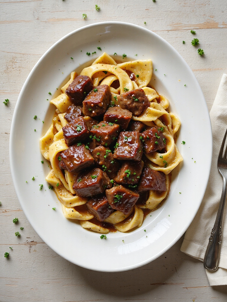 tender beef in gravy over noodles