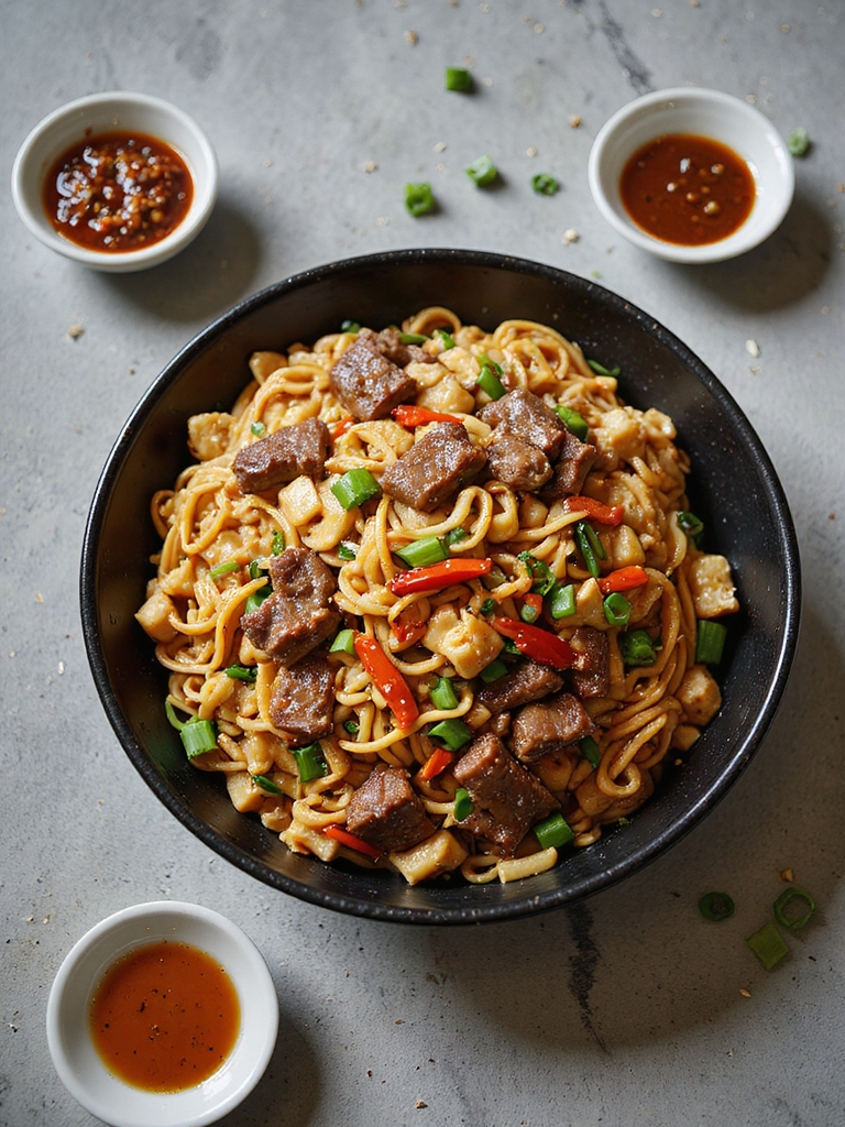 three customizable beef lo mein