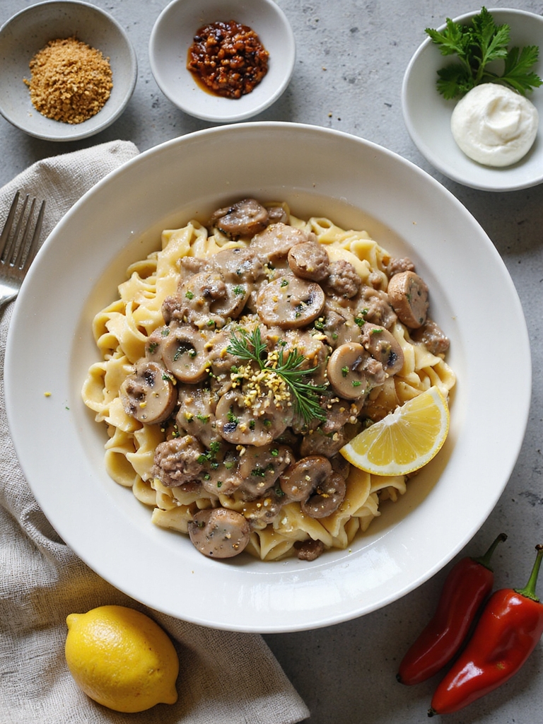 umami forward creamy beef stroganoff