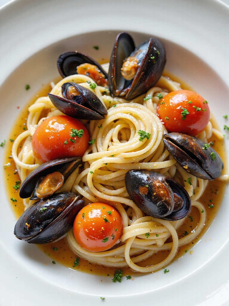 bright briny mussels tomato spaghetti