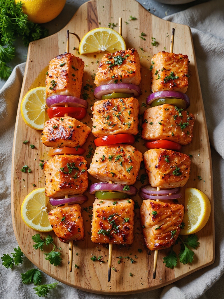 bright lemon garlic salmon skewers