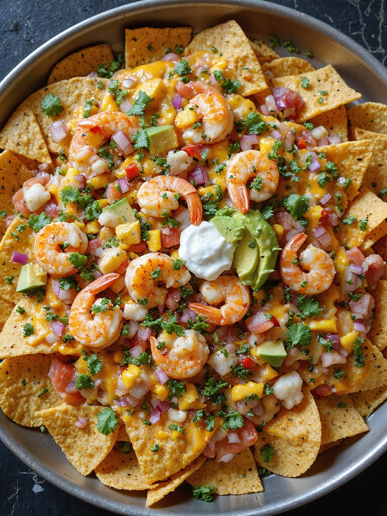 bright seafood nachos with toppings