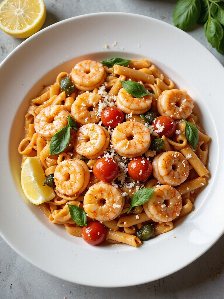 bright shrimp pasta with basil