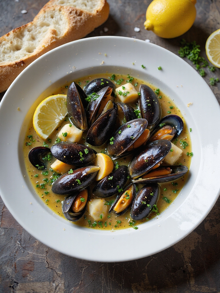 briny mussels steamed in wine