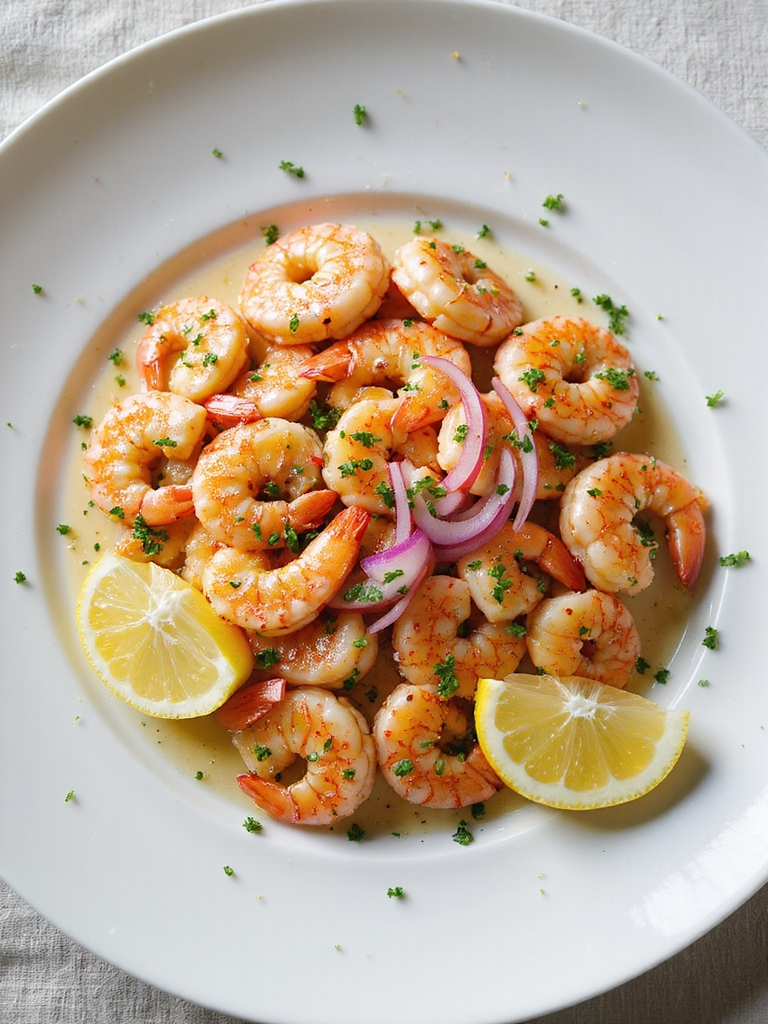 butter seared shrimp with pickled onions