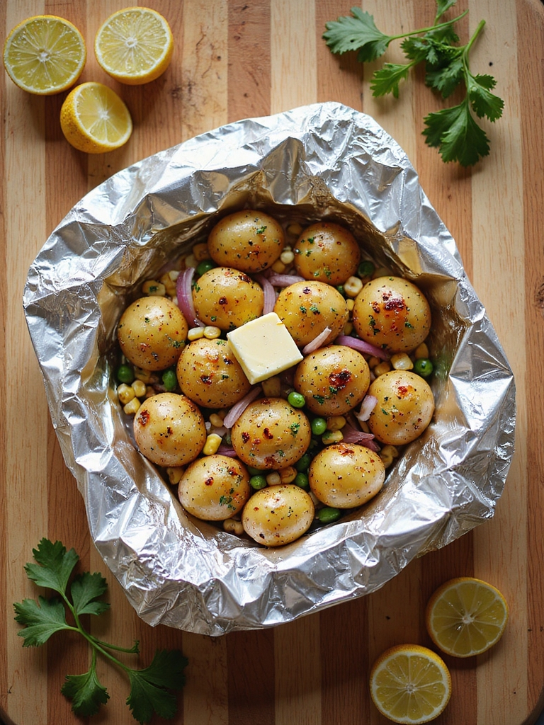 charred potato and corn