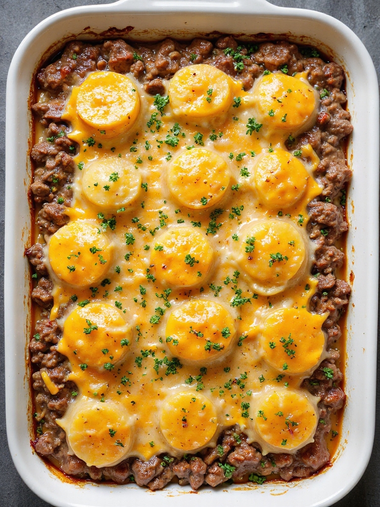 cheesy layered beef potato casserole