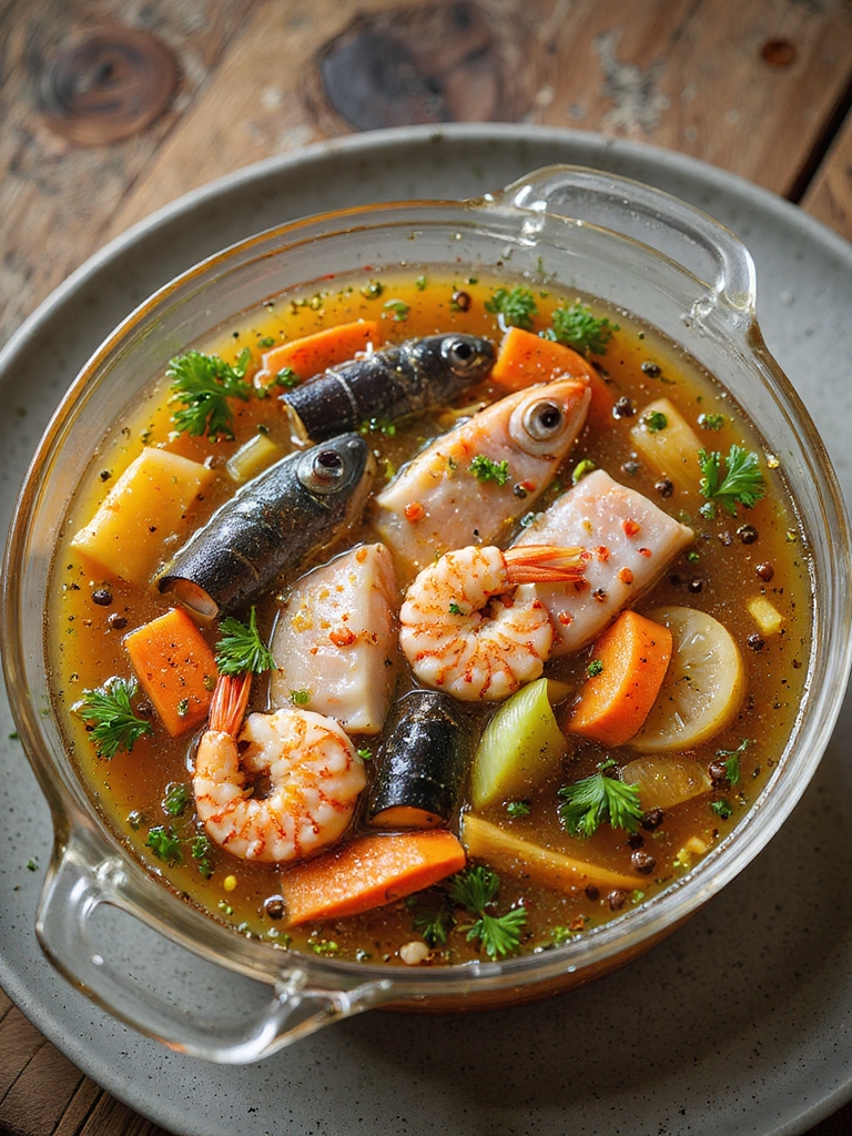 clear gently simmered seafood stock