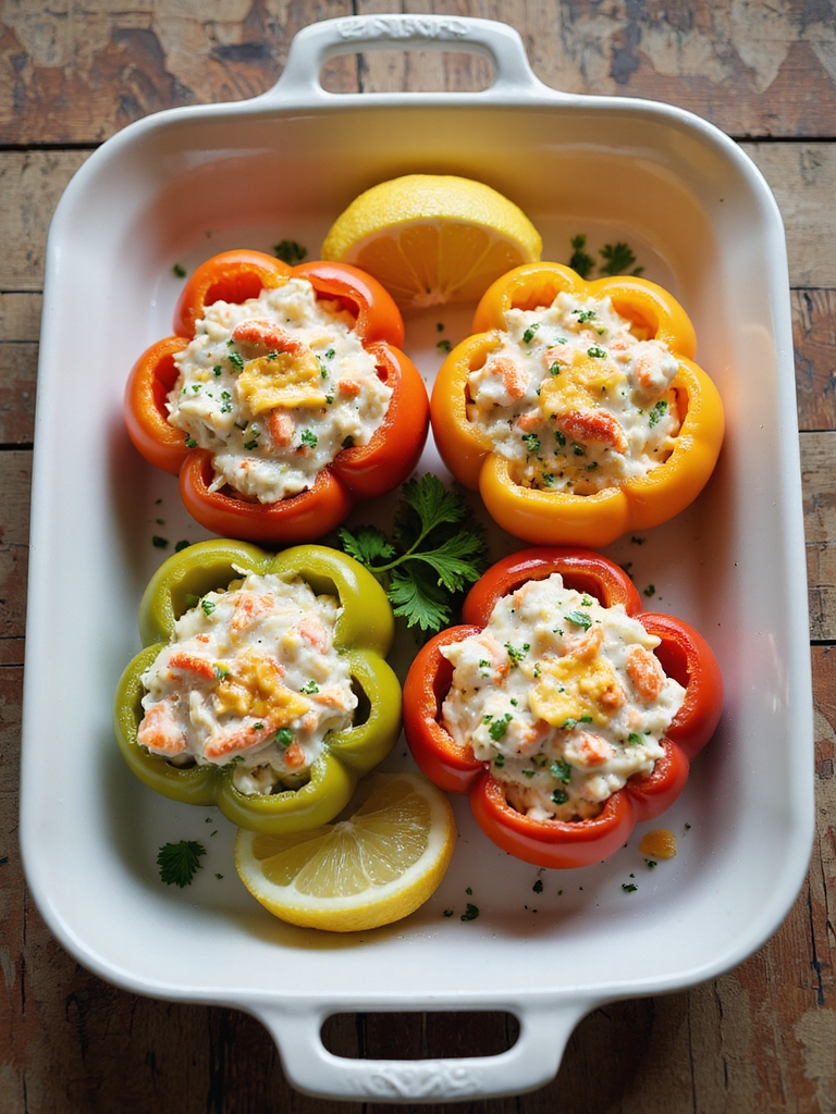 crab stuffed colorful baked peppers