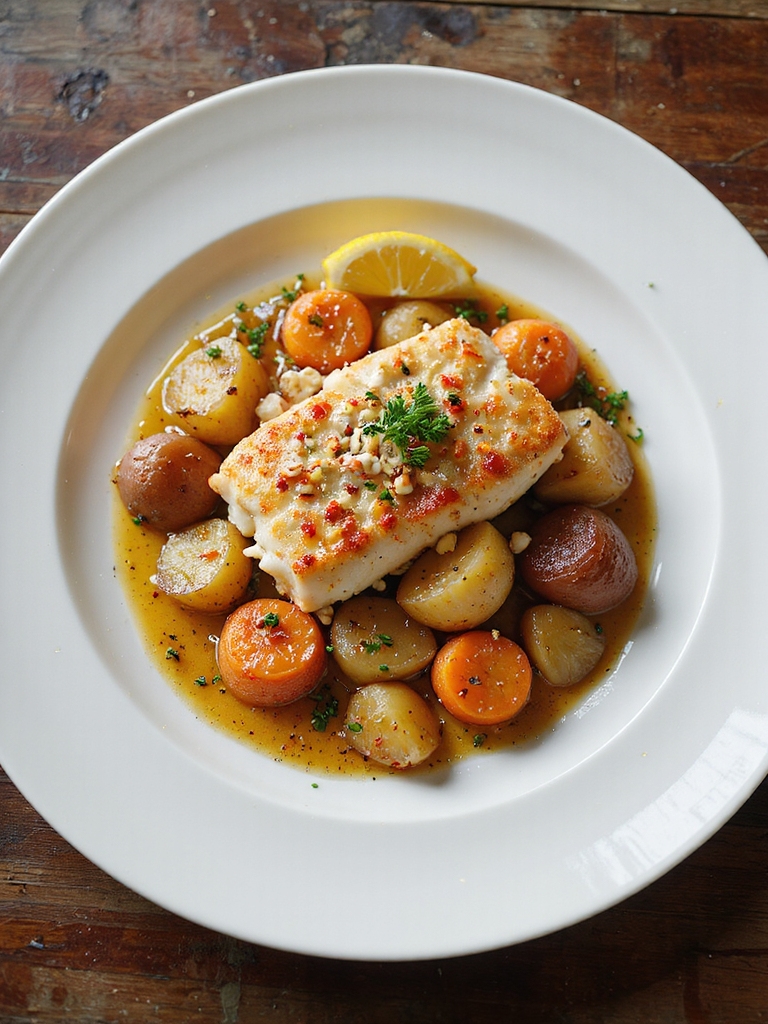 crab stuffed halibut with vegetables