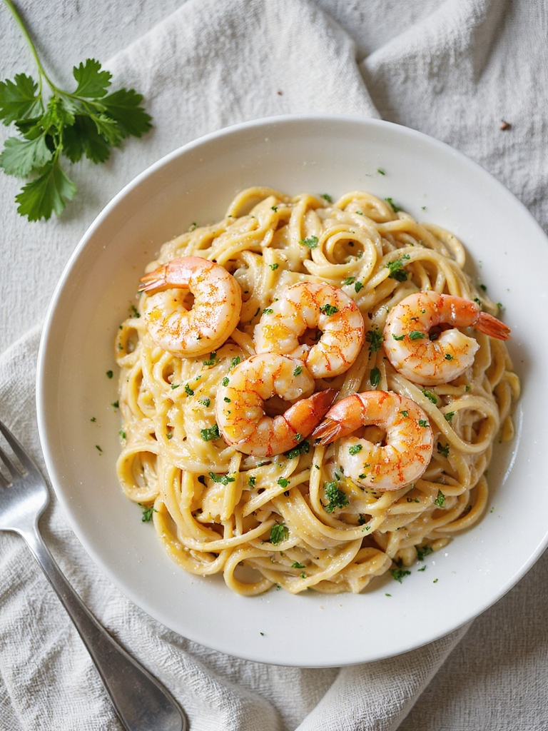 creamy head on shrimp linguine