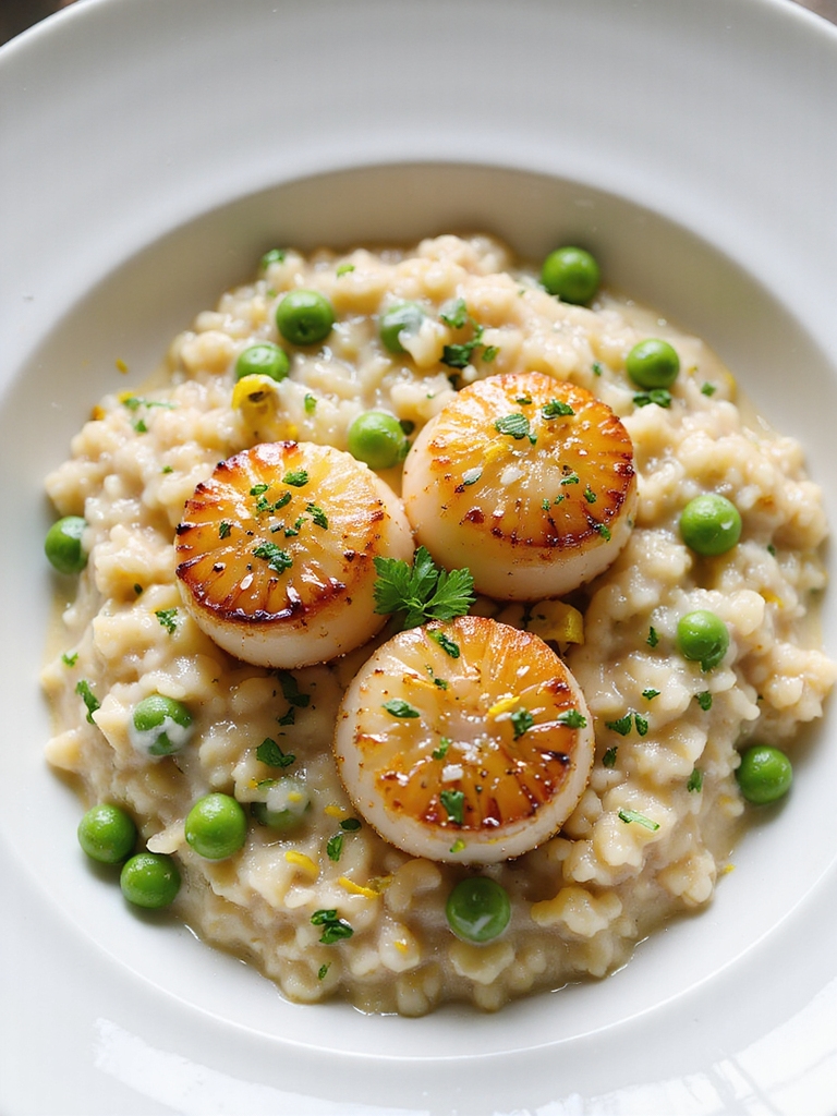 creamy lemon pea scallop risotto