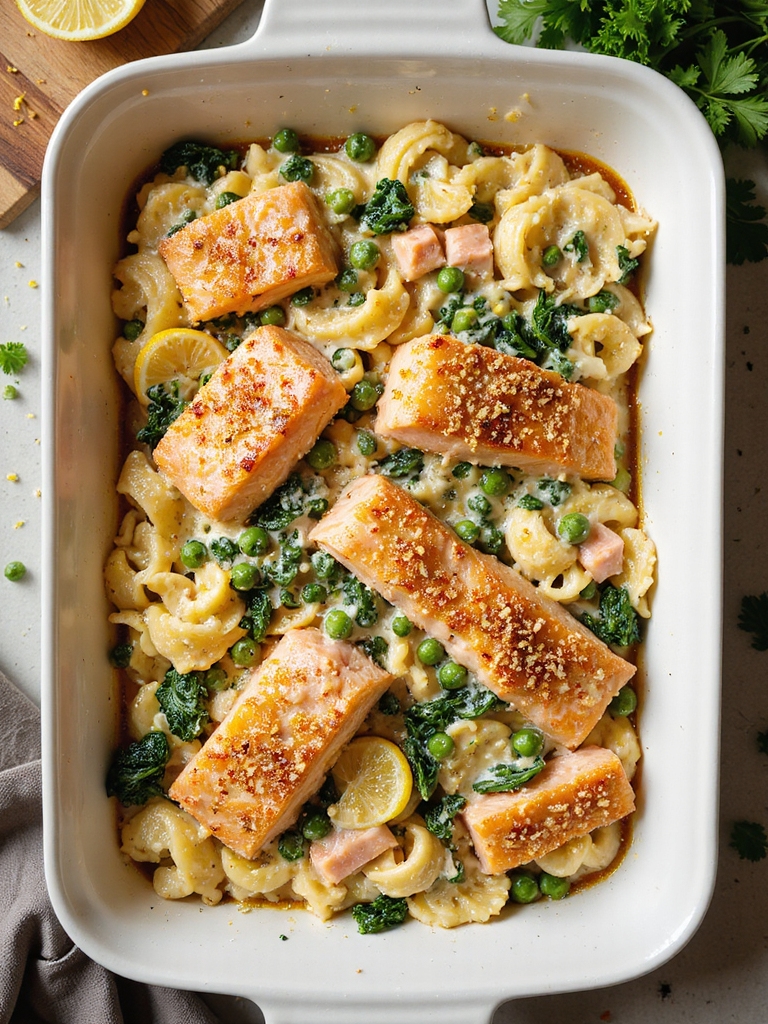 creamy lemony salmon pasta bake