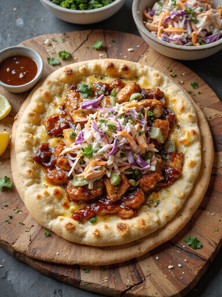 creamy slaw topped bbq chicken flatbread