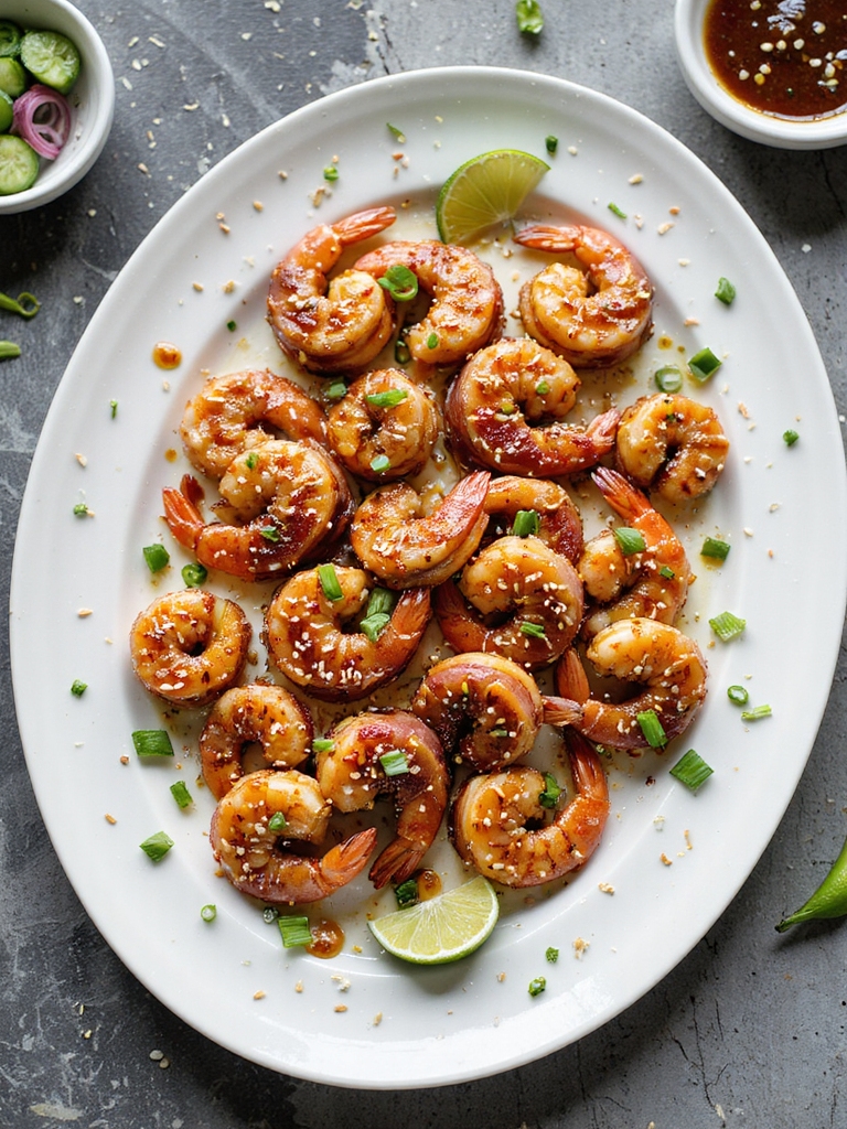 crisp bacon wrapped sesame glazed shrimp