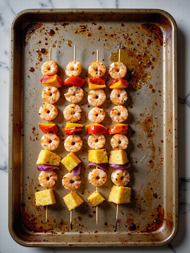 evenly spaced shrimp and vegetables