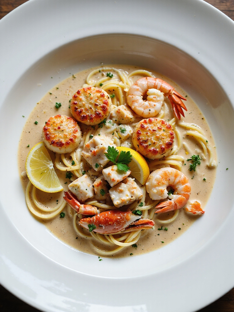 fresh seared mixed seafood pasta